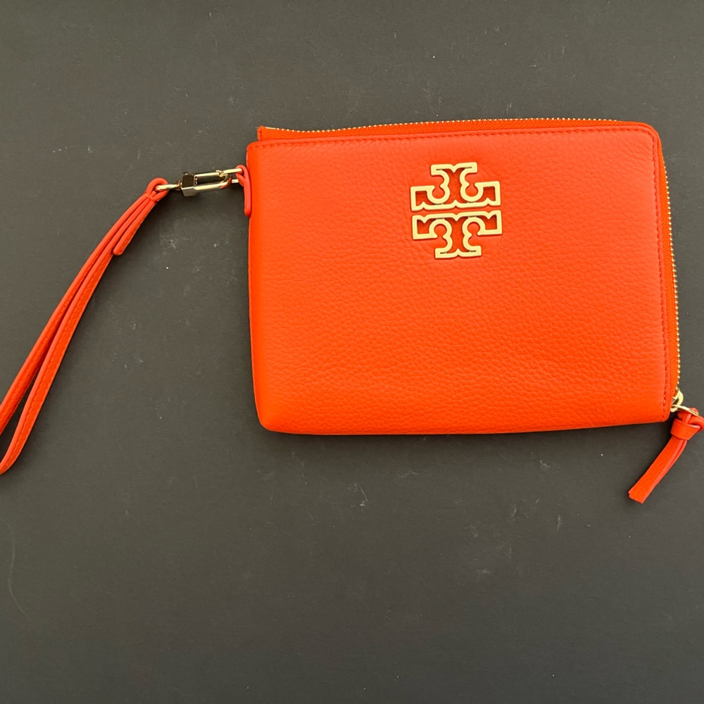 Genuine Leather Britten Large Zip Wristlet Purse Clutch Tory Burch Spiced Orange
